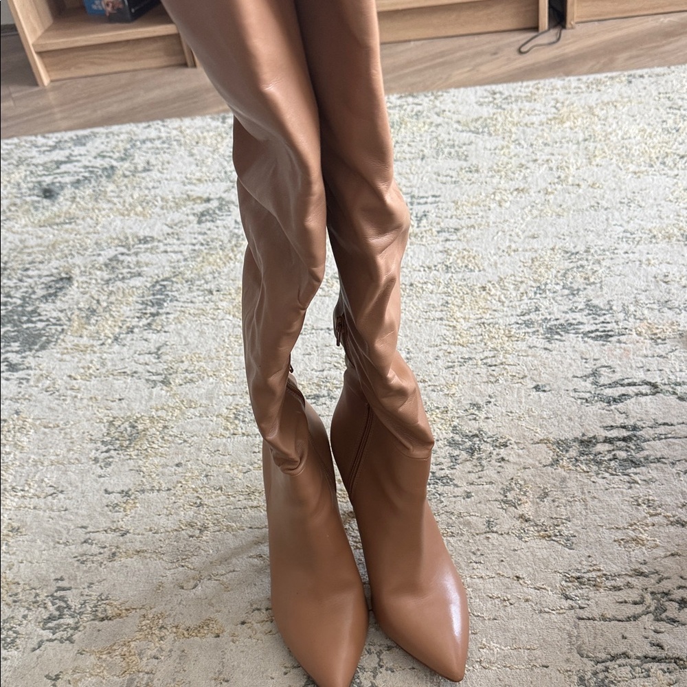 INC International Concepts Tall Pointed Over-the-Knee Boots in Cognac Brown